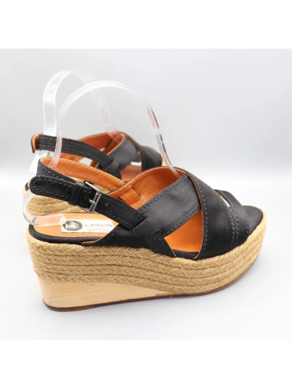 Lanvin Black Satin Platform Espadrille Wedge Sandals Spain Size 37 US 6.5